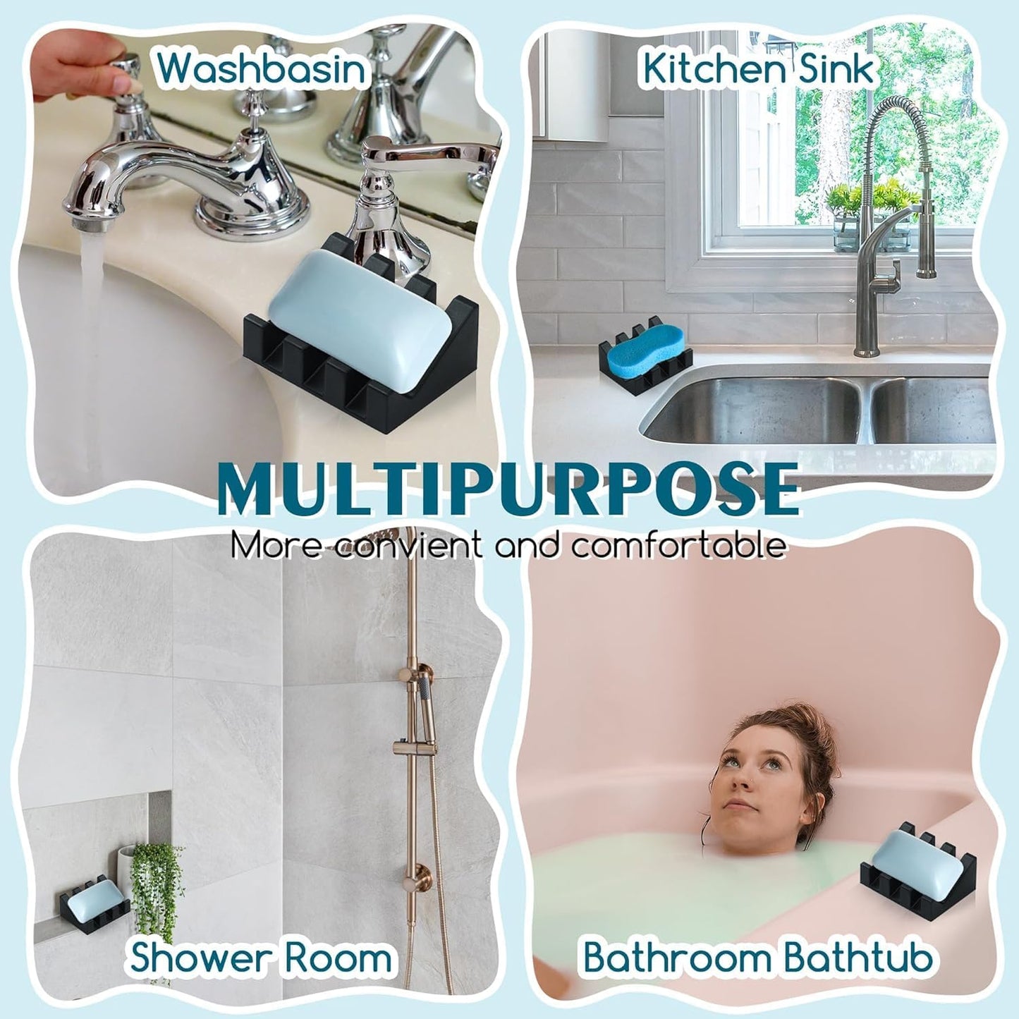 Silicone Soap Dish for Bar Soap Holder for Shower Bathroom Self Draining Waterfall Drying Tray Keep Soap Bars Dry Clean & Easy Cleaning (Black, 1)