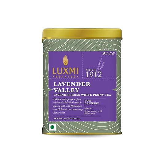 Luxmi Estates Lavender Valley Organic Loose Leaf Tea, (25g) Darjeeling Makaibari White Tea, Low Caffeine, Sleep Function Tea