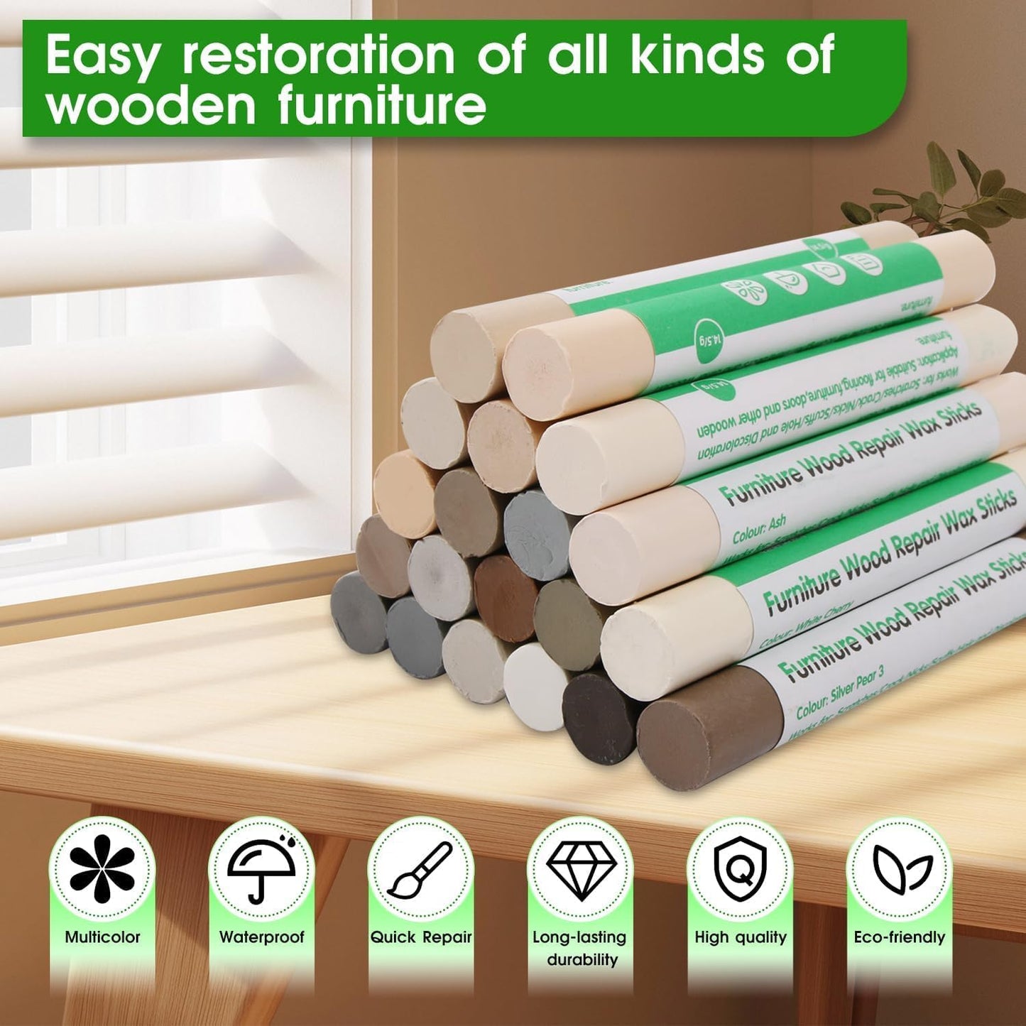 Furniture Markers Touch Up, 20 Colors Wood Filler Sticks, Wood Wax Crayons for Repairing Scratches, Scuffs, Cracks, Holes on Furniture, Floors, Cabinets, Tables, and Doors - Curry Gray Series