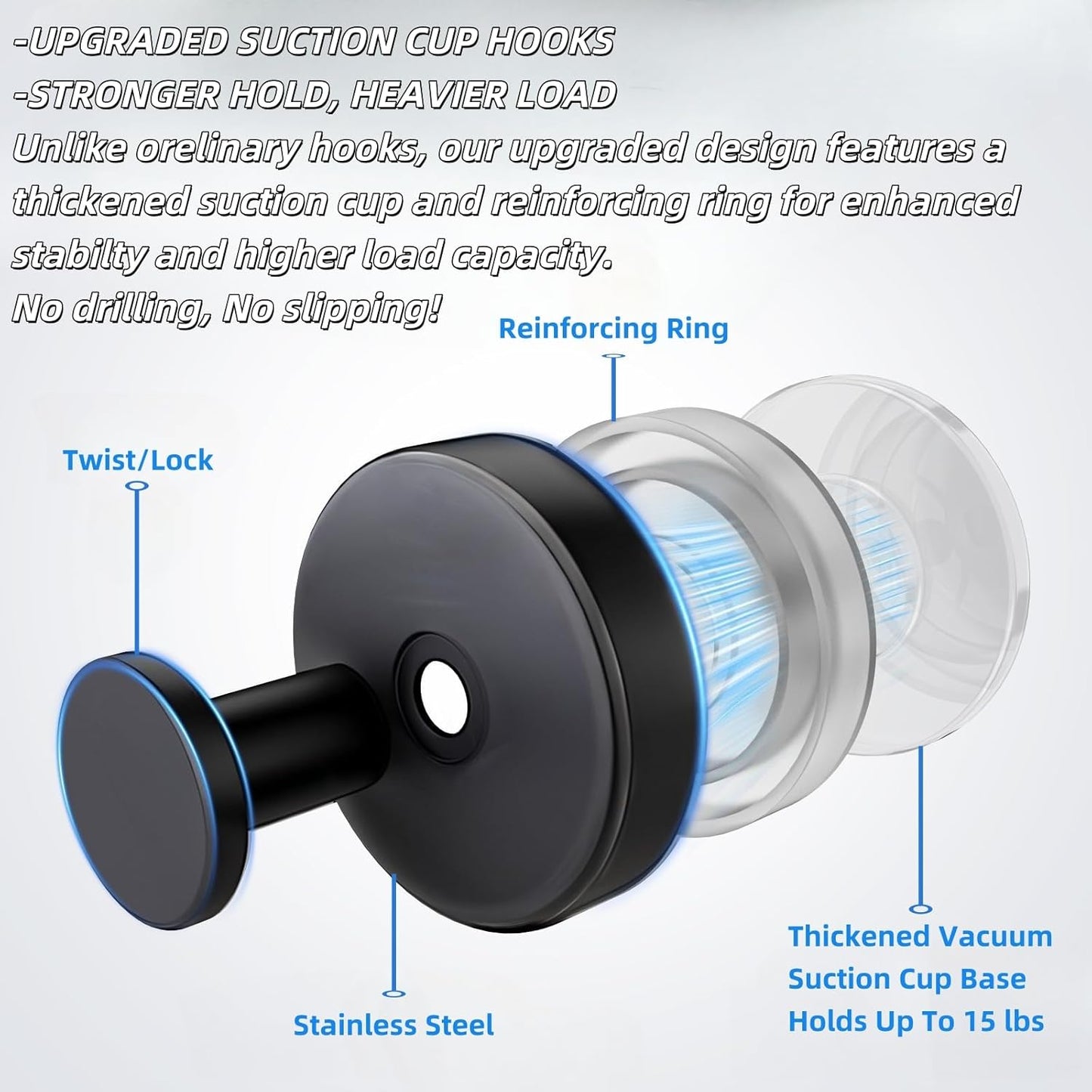 2025 Upgraded Stainless Steel Heavy Duty Suction Cup Hooks For Shower Bathroom Accessories Removable Hook For Glass Window Door Wall Hooks For Hanging Towels Robes Wreaths (Pack Of 5, Black)