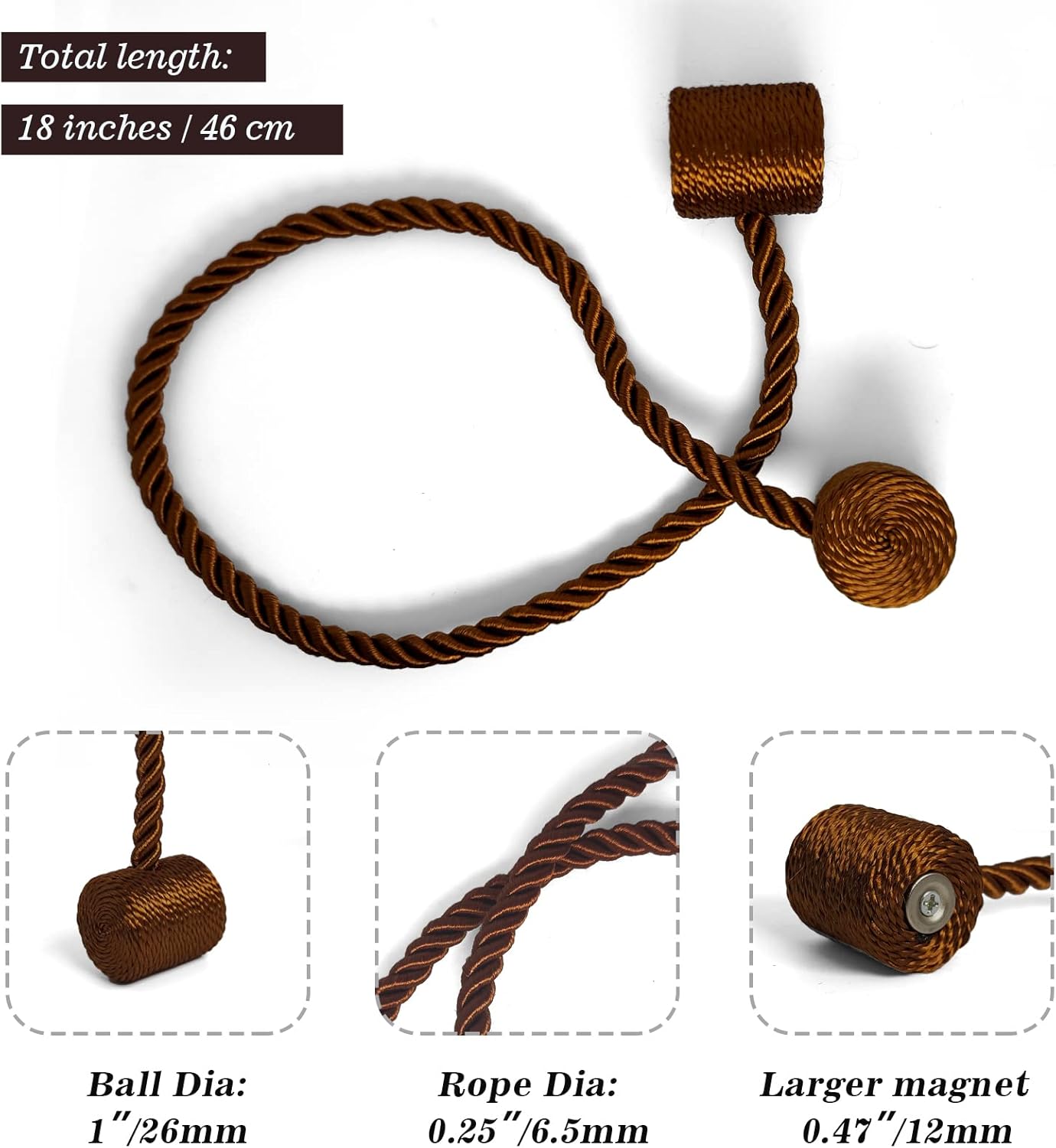 Hion Magnetic Curtain Tiebacks Dark Brown 4 Pack, Curtain Tiebacks Buckles Holdbacks Holders Hooks Clip for Home Bedroom Office Decorative Thick or Thin Curtain