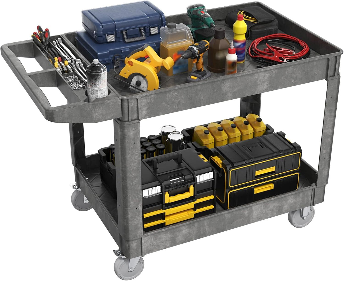 Heavy Duty Rolling Utility Cart with Wheels 2-Tier Utility Plastic Service Work Cart for Shop, Garage, Warehouse, Maintenance 550 lbs