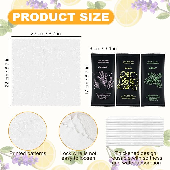 Moist Cotton Towel Bulk Moist Towelettes Individually Wrapped 8.7" x 8.7",White Towel Services,Refreshment Pre Moistened Towels Lavender, Lemon and Mint for Sport Party Spa （pack of 300)