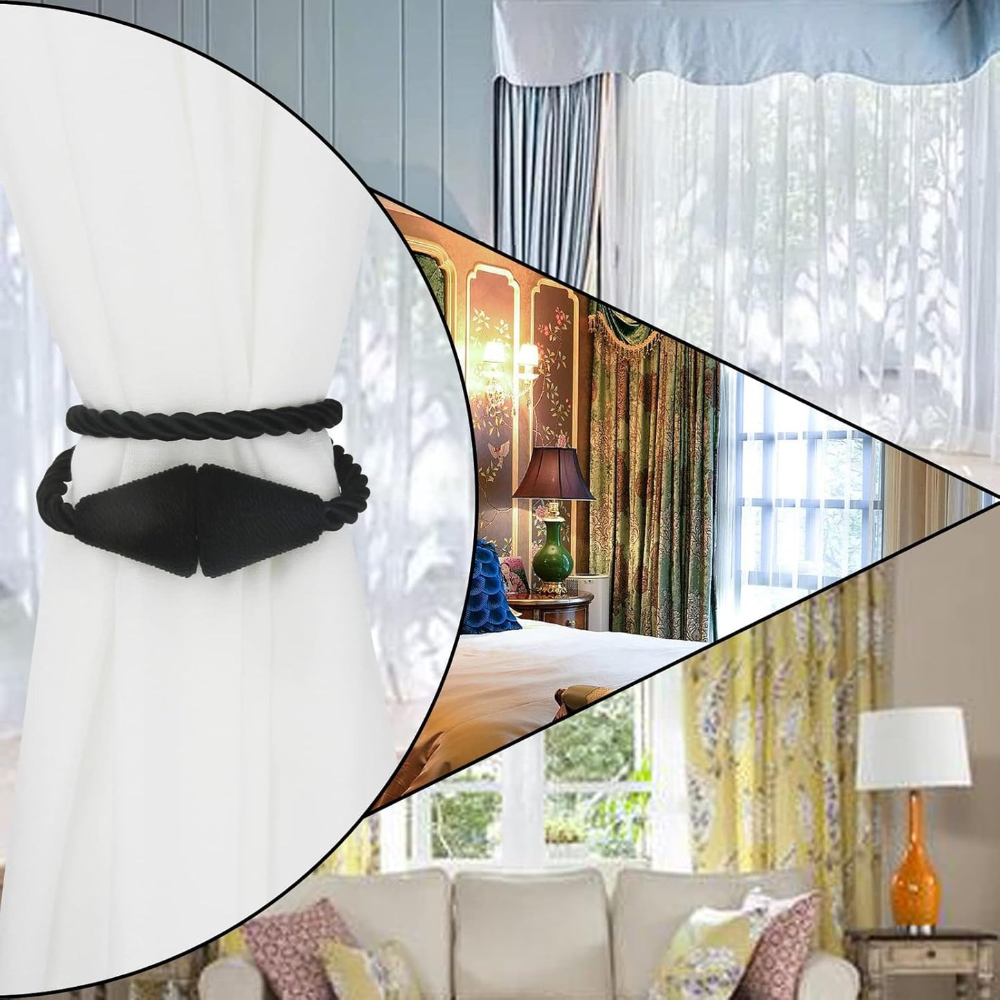 6 Pack Magnetic Curtain Tiebacks Rope Modern Handmade Curtain Tie Backs Decorative Drapes Weave Holdbacks for Window Décor, Black