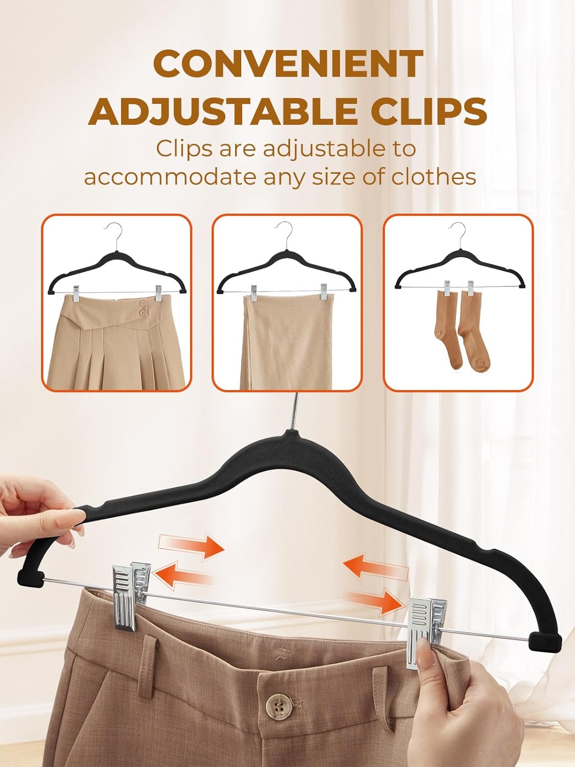 HOUSE DAY Velvet Skirt Hangers 36 Pack, Black Velvet Pant Hangers with Adjustable Clips, Space Saving Slim Shorts Hanger, Heavy Duty Non Slip Clip Hanger for Pants, Skirts, Shorts