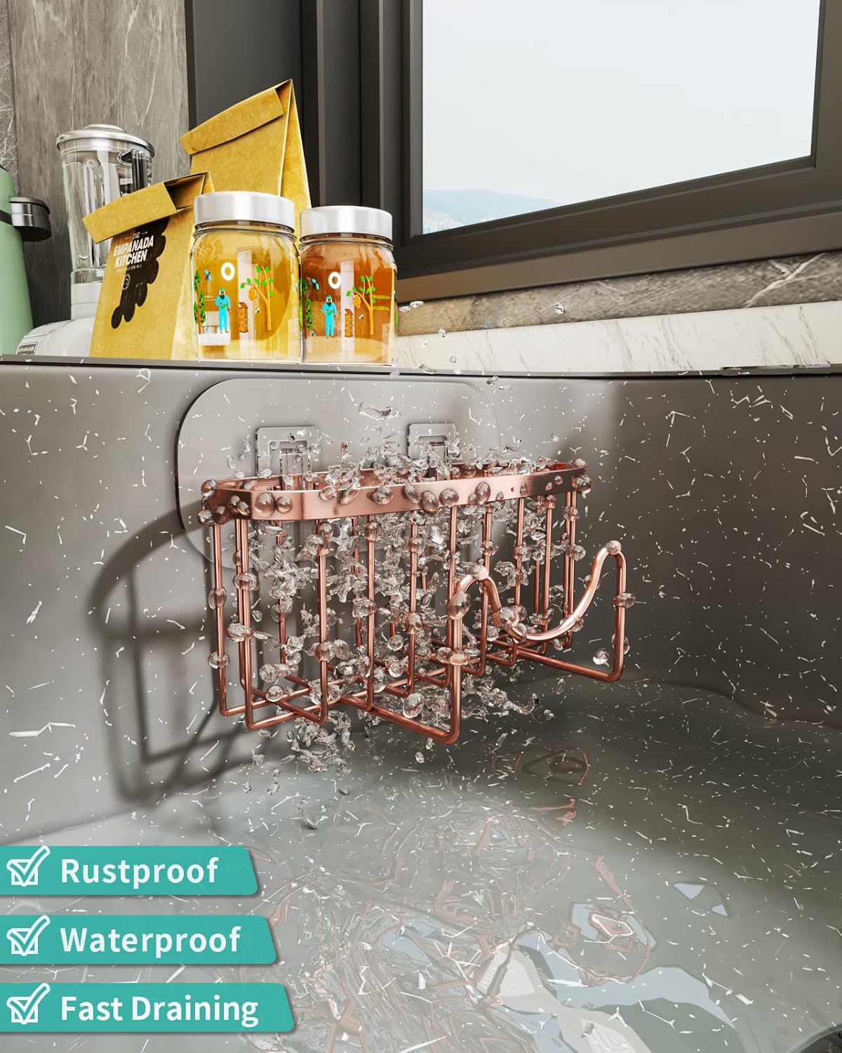 HapiRm Multifunctional Sink Sponge Holder with Unique M-Shaped, 2 Installation Ways Kitchen Sink Caddy, Stainless Steel Kitchen Organizer for Sponge, Brush and Scraper - Rose Gold