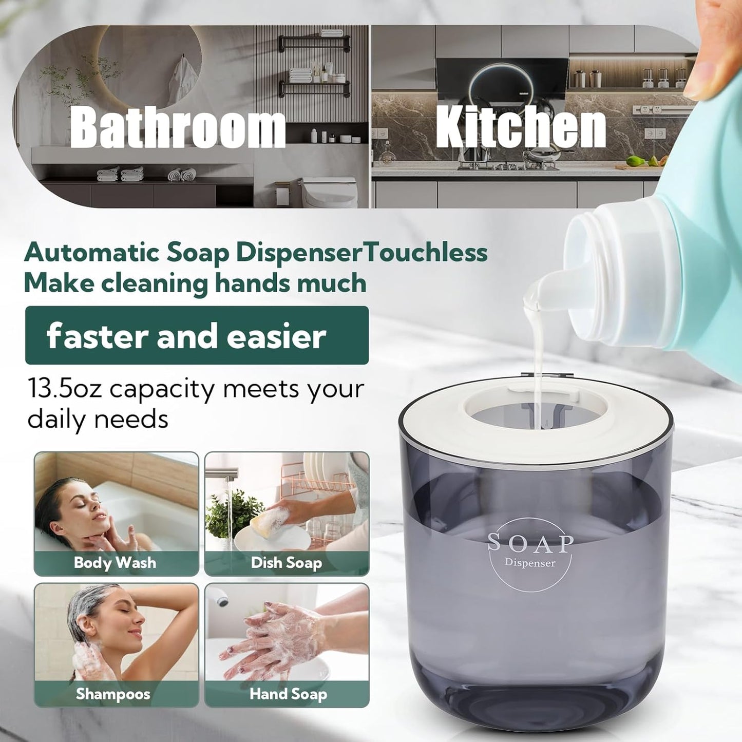 2 Pack Automatic Soap Dispenser, Touchless Automatic Foaming Soap Dispenser, Electric Wall Mounted Dispenser, 13.5oz/400ML USB Rechargeable with 4-Level Adjustment for Bathroom, Kitchen & Office
