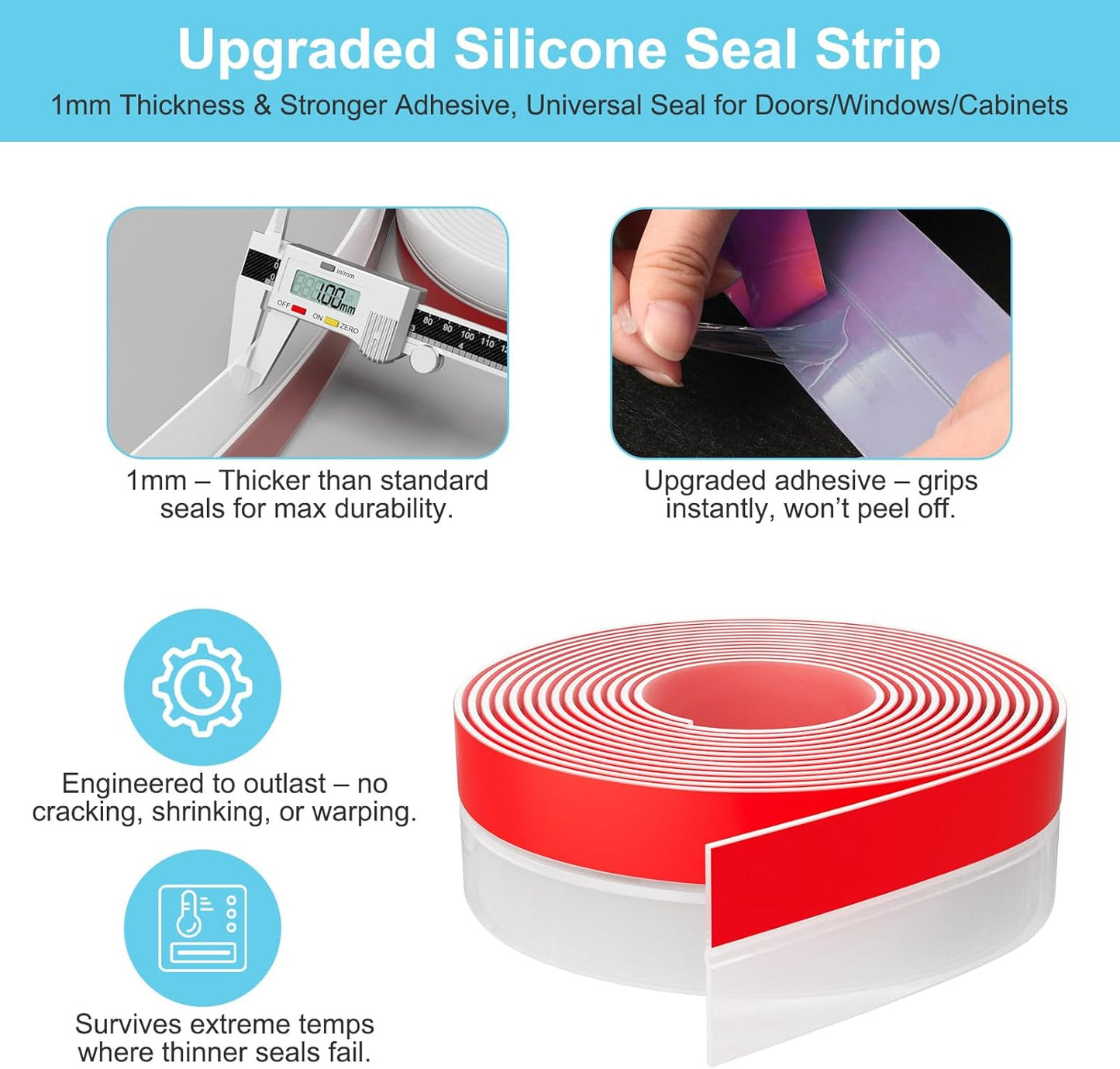 Heavy-Duty 20 ft x 2 in Weather Stripping, Door Draft Stopper Silicone Seal Strip for House and Glass Shower Doors for Collision and Side Gaps of Door and Windows, Clear