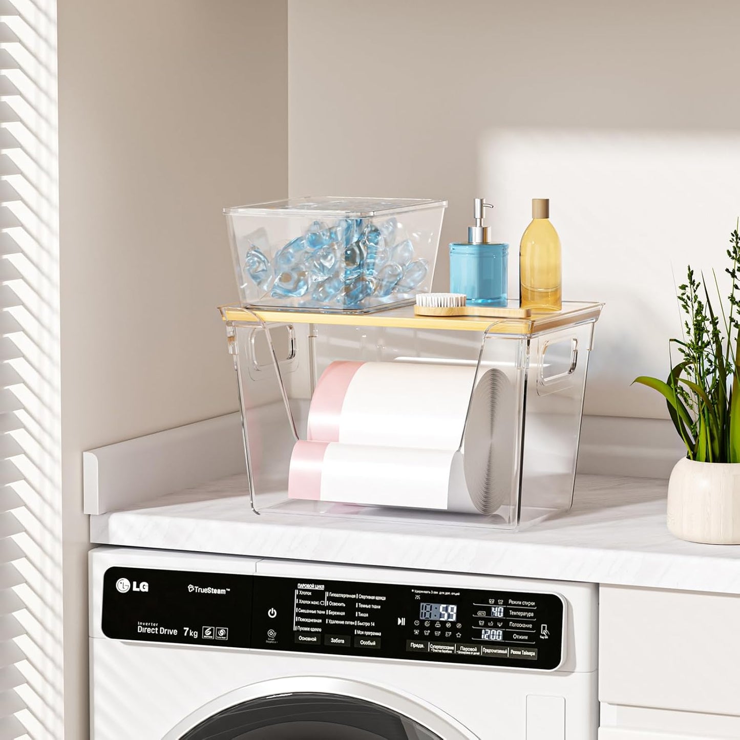 2 Pack Stackable Storage Trash Bag Holder with Bamboo Top, Large Garbage Trash Bag Dispenser, laundry room organization, Kitchen Pantry Organizer Storage for Onion, Potato, Snack