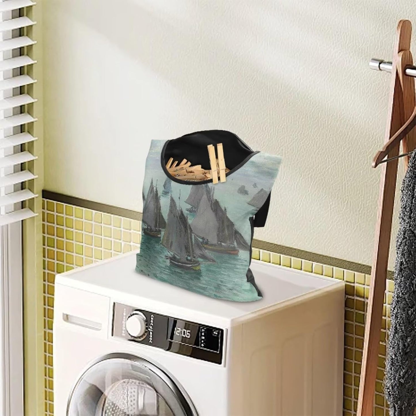 Monet Oil Painting Outdoor Clothespin Bag - Industrial Strength Windproof Storage Organizer - Heavy Duty Polyester Construction with Oversized Capacity Sailboats at Sainte - Adresse