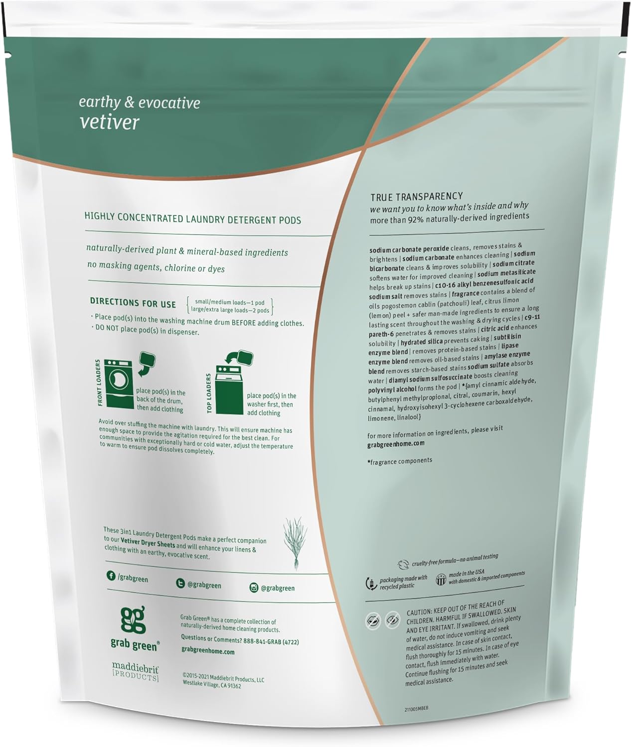 Grab Green 3-in-1 Laundry Detergent Pods, 60 Count, Vetiver Scent, Plant and Mineral Based, Superior Cleaning Power, Stain Remover, Brightens Clothes