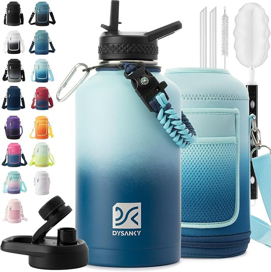 Insulated Water Bottle | Thickened Stainless Steel Vacuum Metal | Portable Sports Half Gallon Large Water Jug for Gym and Hiking with Straw, Carrier Bag, Handle Strap | BPA-Free 64 oz