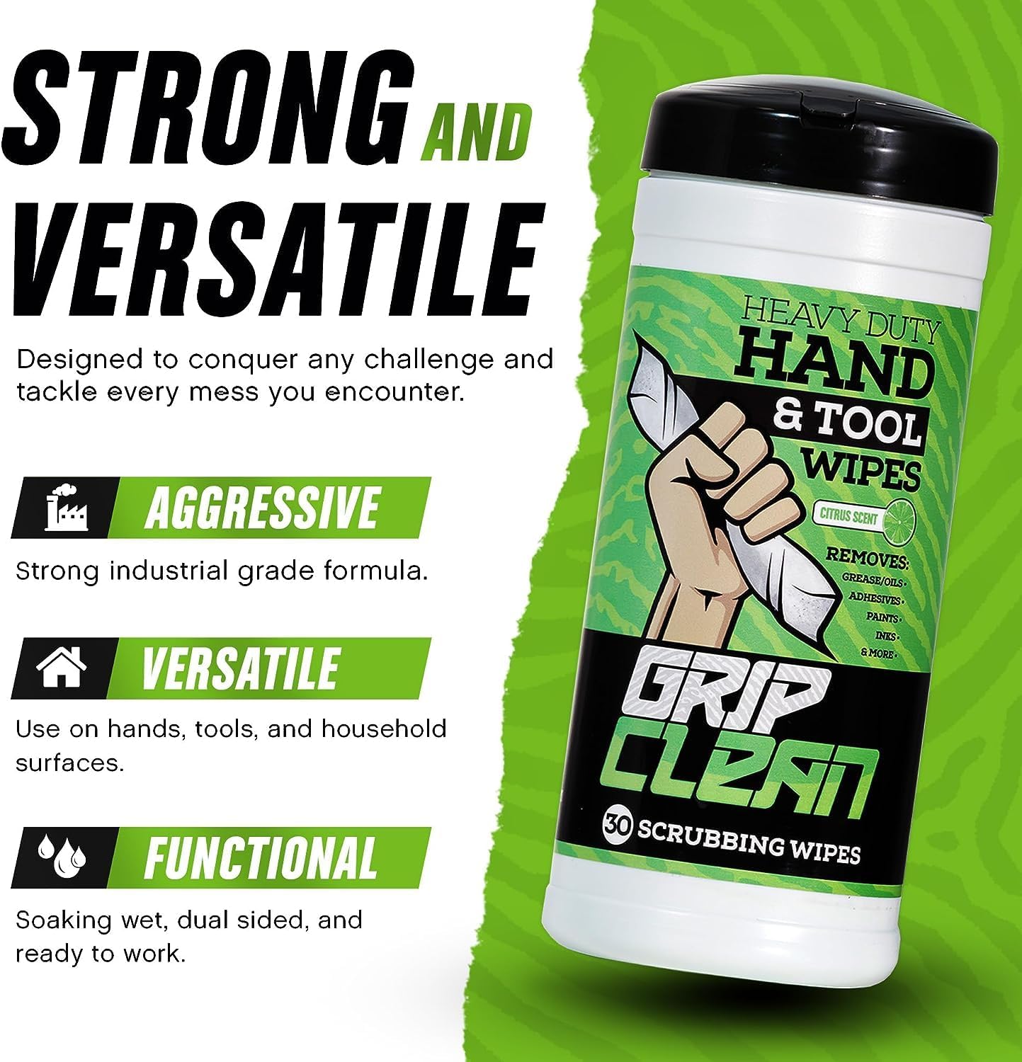 Grip Clean Heavy Duty Hand & Tool Cleaning Wipes – Waterless Hand Cleaner for Mechanics, Garage & Shop Use – Dual-Sided Grease, Oil & Paint Remover Wipes with Citrus Scent - 72ct (6 Pack)