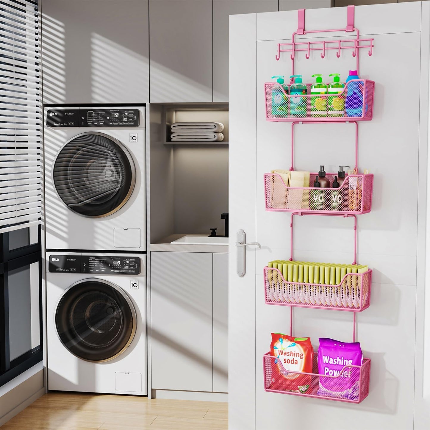 HapiRm Over Door Organizer Storage - Hanging Door Organizer with 4 Metal Large Capacity Baskets and Adjustable Coat Hook for Bathroom Bedroom Kitchen Pantry Closet Cabinet