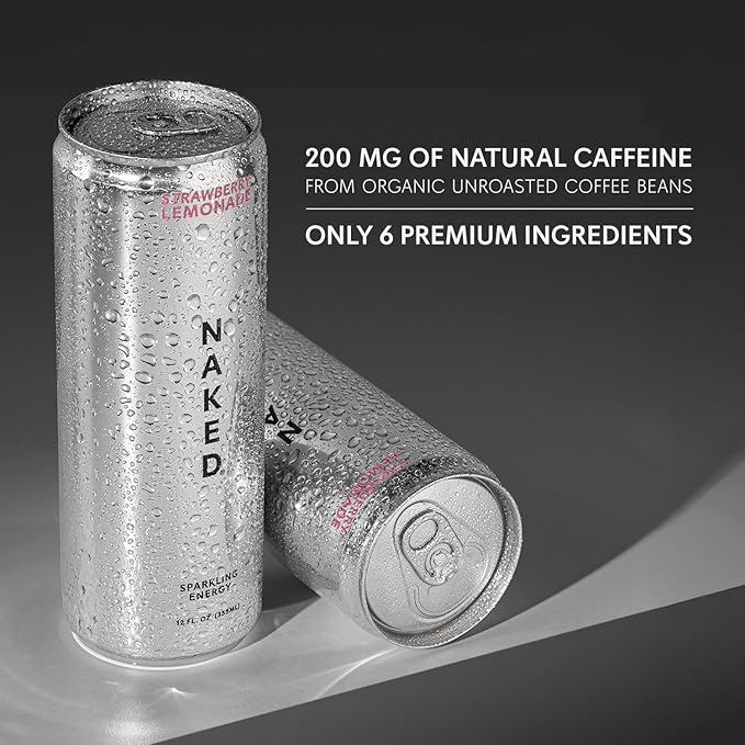 Naked Sparkling Energy Drink - Strawberry Lemonade, Organic Caffeine, Organic Lemon Juice, Zero Sugar, No Sucralose, Naturally Sweetened, Natural Energy Drinks, Vegan, Gluten-Free, Non-GMO - 12oz Cans (Pack of 12)
