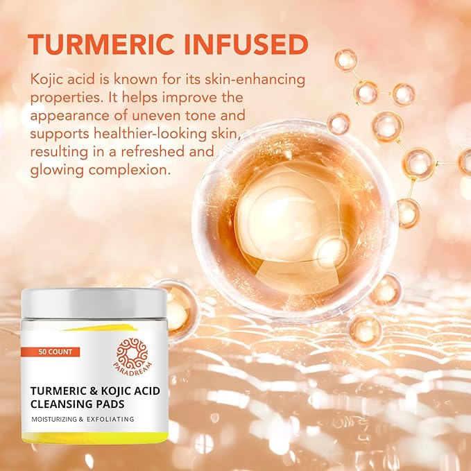 Turmeric Kojic Cleansing Pads: Face Exfoliating Pads for Acne Scars Skin Fades Skin Firming - Cleaning Pad with Turmeric and Kojic - Deep Clean Pores 50PCS
