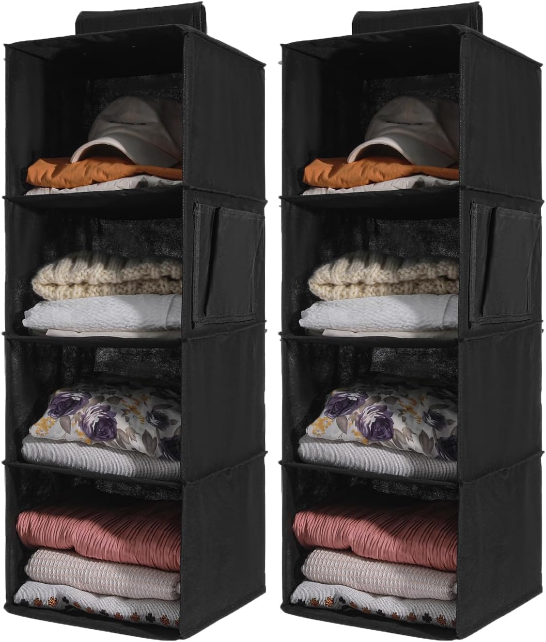2 Pack Hanging Closet Organizer, 4-Shelf Hanging Shelves with Side Pocket, Black