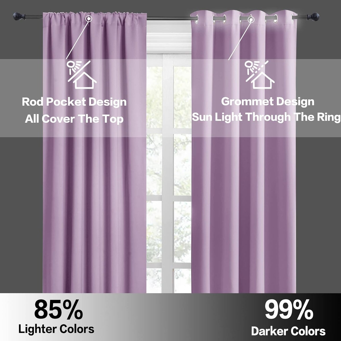 RYB HOME Small Kitchen Curtains, Room Darkening Drapes Energy Efficient Half Window Coverings Heavy Duty Solid Decor for Bedroom Bathroom Dining Room, W42 x L45 inches, Lilac, 2 Panels Set