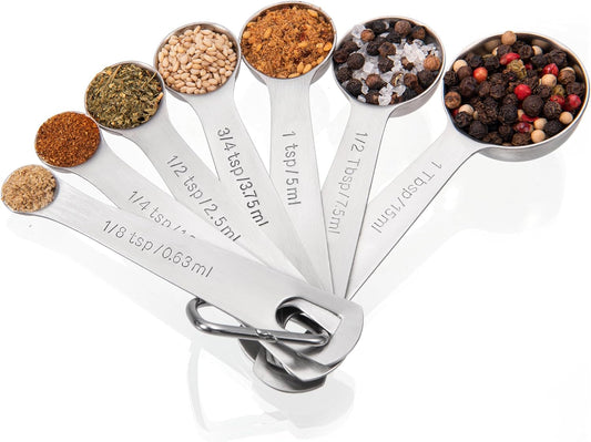 Doosu Measuring Spoons Set of 7-18/8 Stainless Steel Heavy Duty Teaspoons Tablespoons with Engraved Metric & US Measurements, Metal Measure Spoon for Dry and Liquid Ingredients, Dishwasher Safe