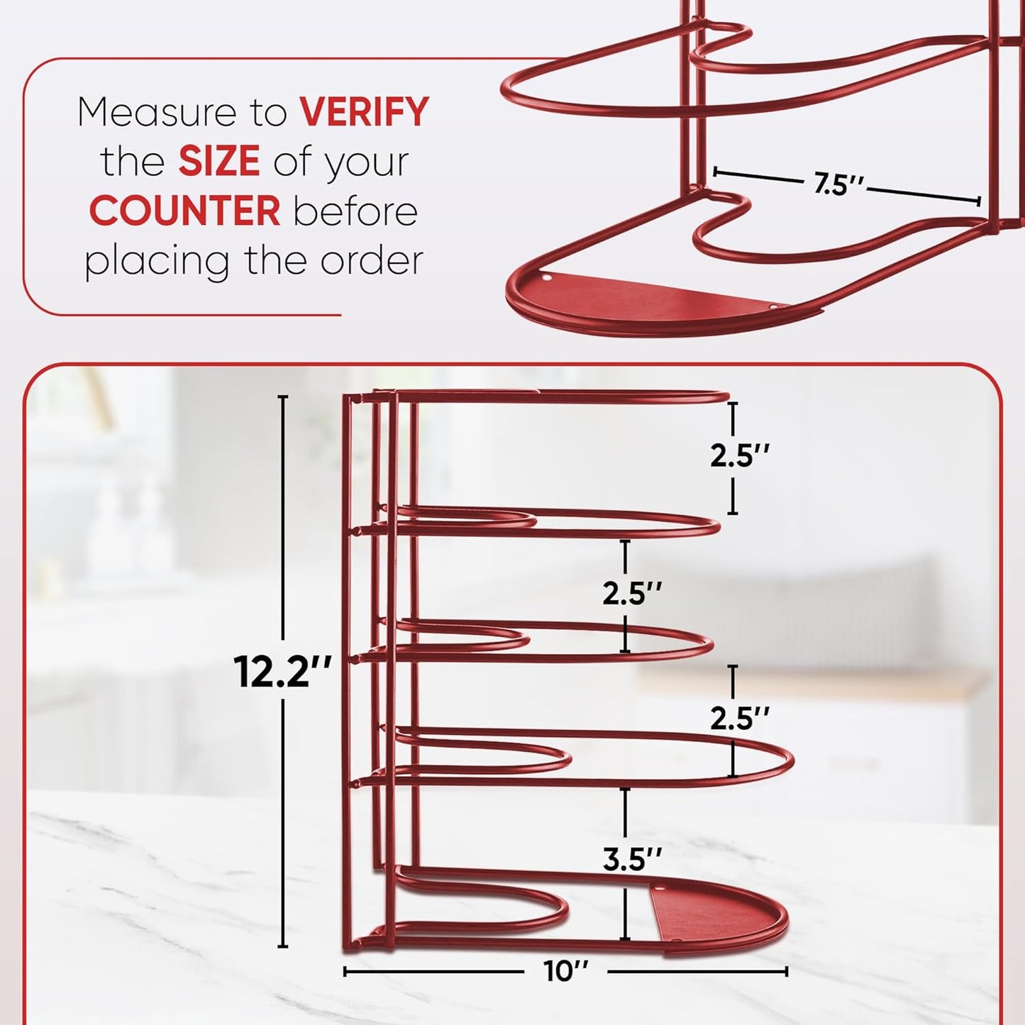 Heavy-Duty Pots and Pans Organizer | 5-Tier Cookware & Lid Storage Rack | Free-Standing or Wall-Mount | Kitchen Organizer for Cast Iron Skillets, Pots, Frying Pans, Lids | Red