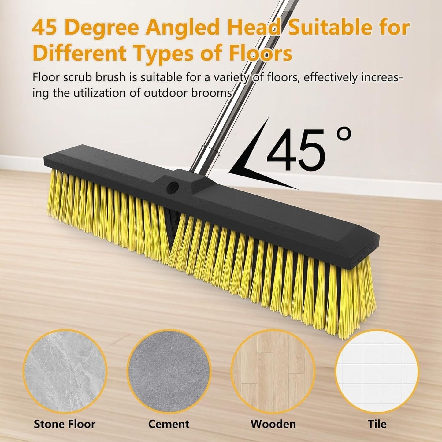 18 Inches Push Broom Outdoor with 65" Adjustable Handle, Heavy Duty Outdoor Broom with Stiff Bristles, for Cleaning Yard, Garage, Shop, Driveway, Wood, Stone, Deck, Concrete, and Tile Floor.