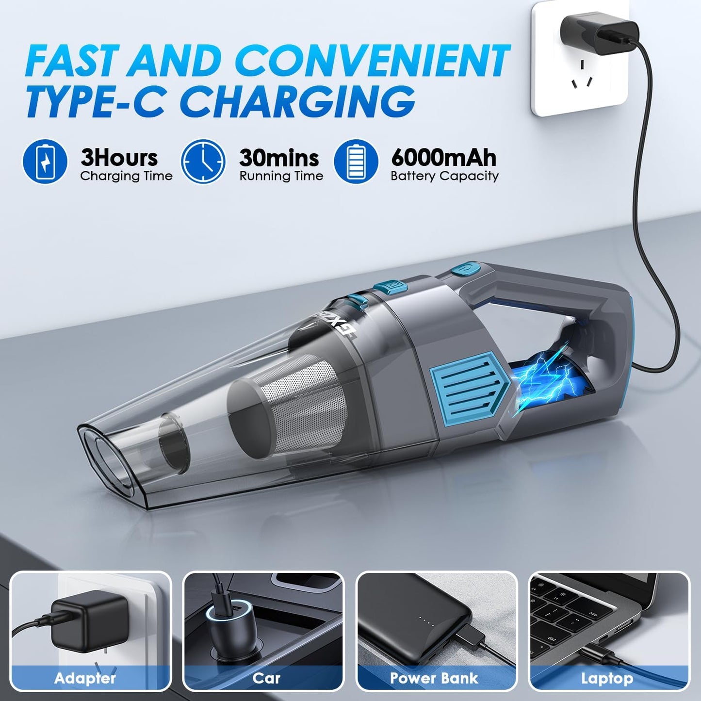 Handheld Vacuum Cordless, 15000PA Strong Suction Hand Held Car Vacuum Cleaner Rechargeable, Portable Hand Vacuum with Multi-Nozzles & Washable Filter for Home Office, Car, Pets