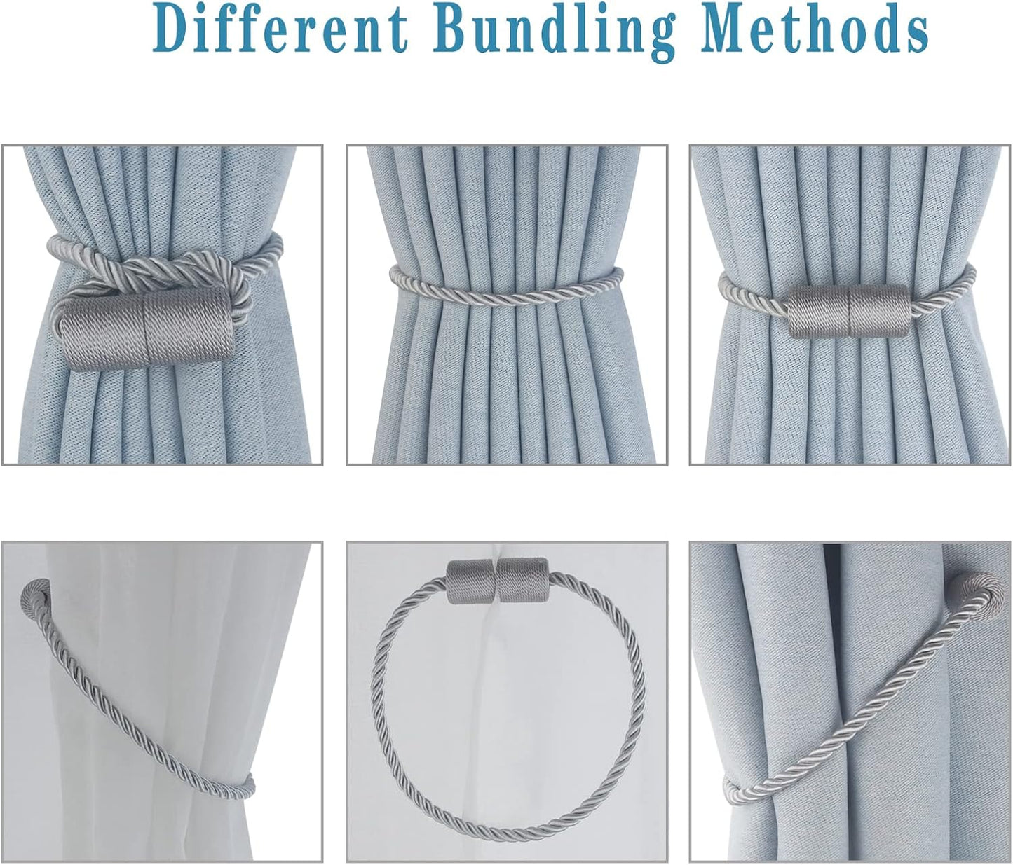 Magnetic Curtain Tiebacks 4 Pack Grey Curtain Rope Tieback Curtain Holders for Drapes Modern Tie Backs Decorative Curtain Holdbacks