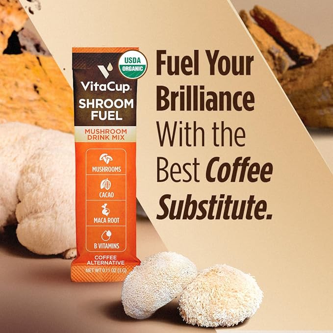 VitaCup Shroom Fuel, Mushroom Based Instant Coffee Alternative Packets, Mushroom Coffee Substitute w/Cacao, Cinnamon, Chaga, Lions Mane, & Maca for Energy, Immune Support, & Focus, 48 ct