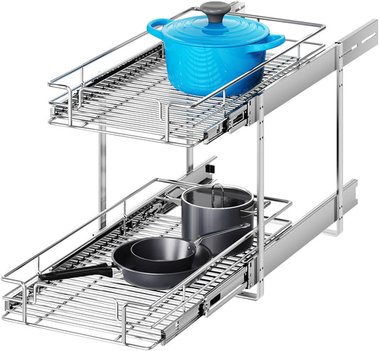 2 Tier Individual Pull Out Cabinet Organizer 14½" W x 21½" D, Heavy Duty Cabinet Pull Out Shelves, Slide Out Drawers Organization for Kitchen Cabinets Bathroom