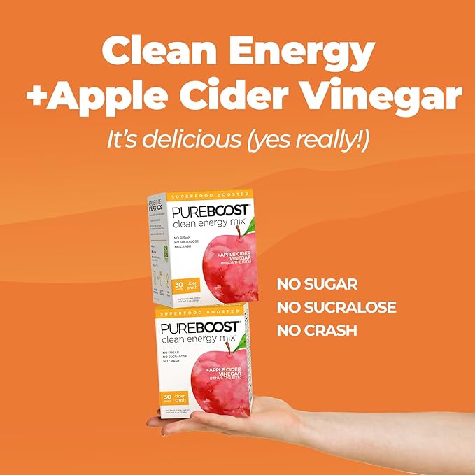 Pureboost Superfoods Clean Energy Booster with Apple Cider Vinegar. Refreshing Energy Drink Mix with 1,000 mg of ACV with The Mother. Sugar-Free, No Sucralose (Cider Crush, 30 Count)