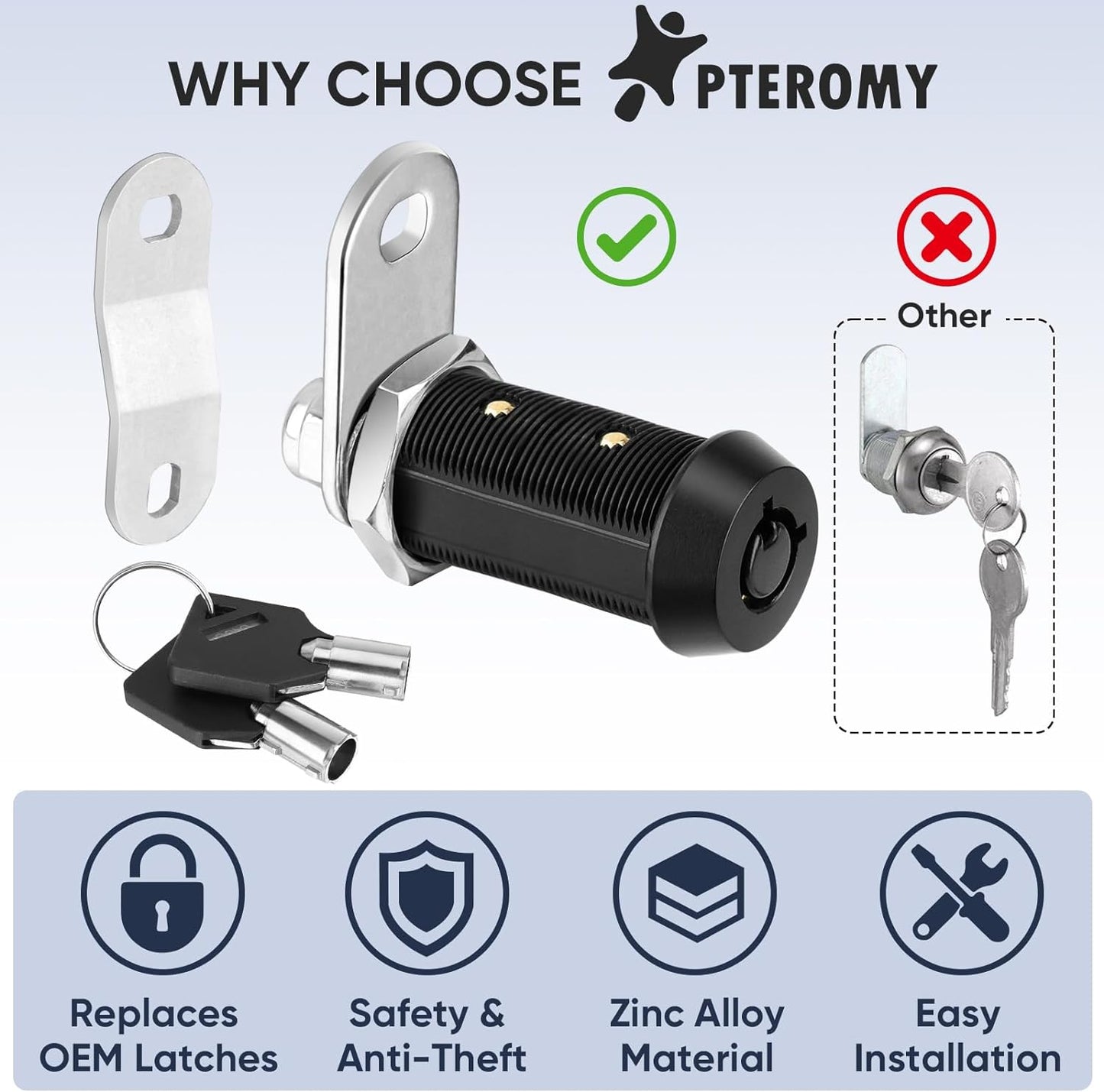 PTEROMY 5 Pack Heavy Duty Cabinet Lock with Keys, Black, 7/8'' Tubular Cam Lock for RV Compartment Storage Locks, Complete Set with Waterproofing Features