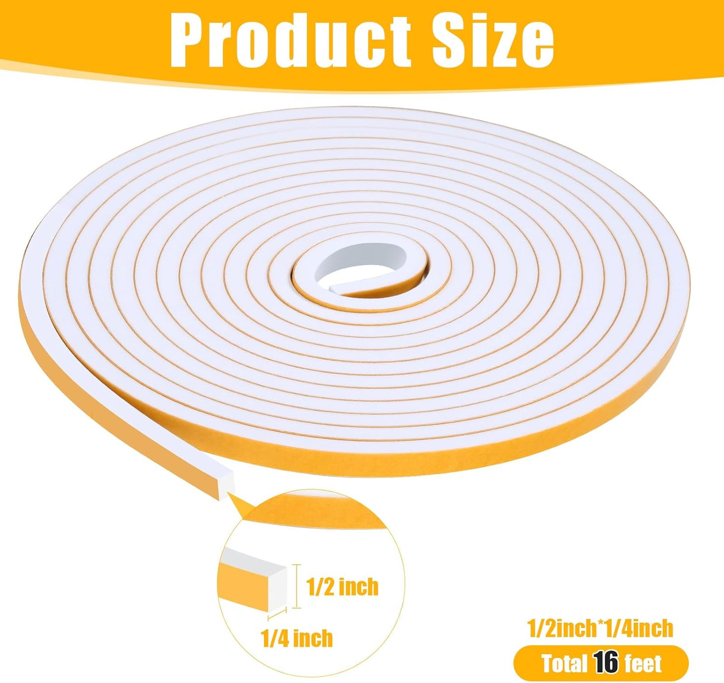 16Feet Weather Stripping Seal (1/2 Inch X 1/4 Inch) for Door Window, High Density Foam Tape, Soundproofing, Insulation Strip, Door Sealers for Door Frame- White