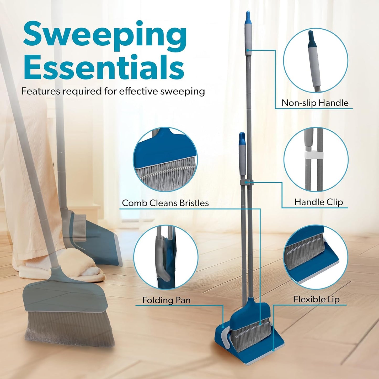 BLACK+DECKER Butler Broom & Dustpan Set - Stand-Up Design - Lightweight, Space-Saving Combo for Kitchen, Living Room, Bathroom, Lobby Floors - Home Cleaning Essential, Ocean Blue