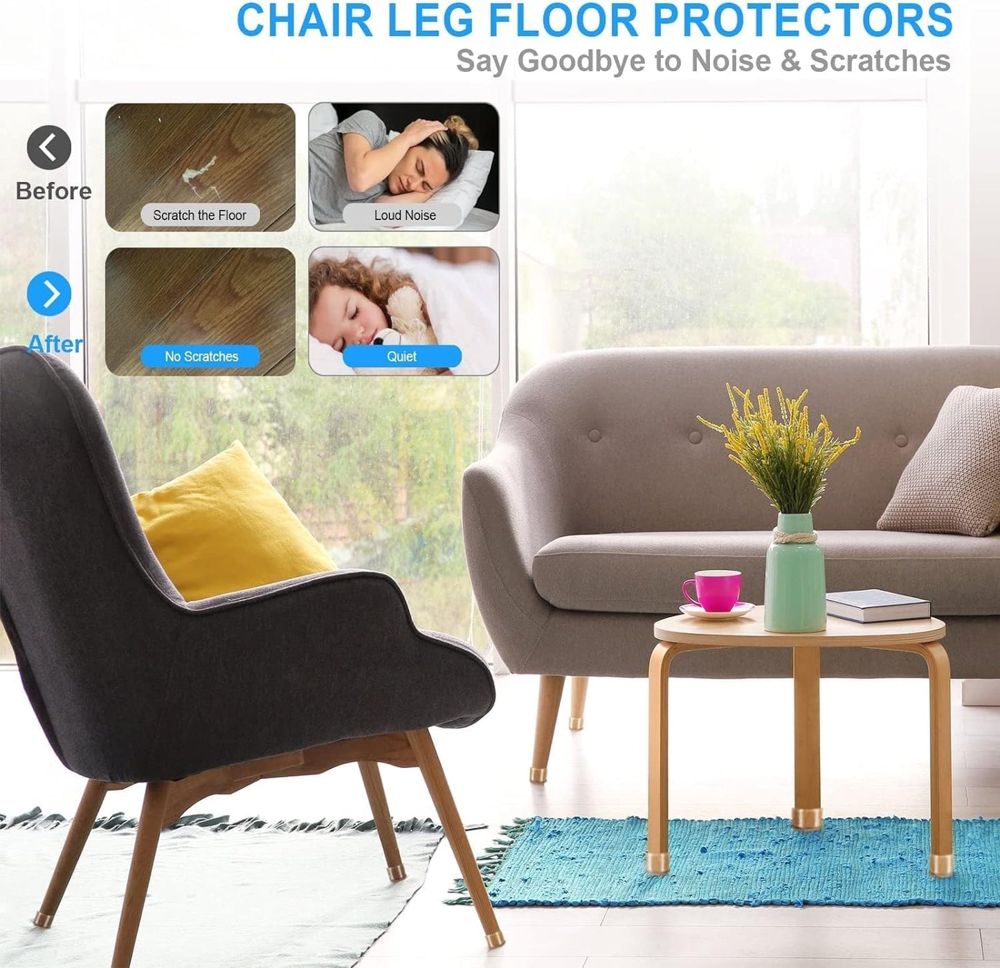 20 Pcs Chair Leg Floor Protectors for Hardwood Floors, Black Rubber Furniture Sliders with Felt, Silicone Furniture Leg Caps Covers (Fit Square Diameter:0.81" to 1")