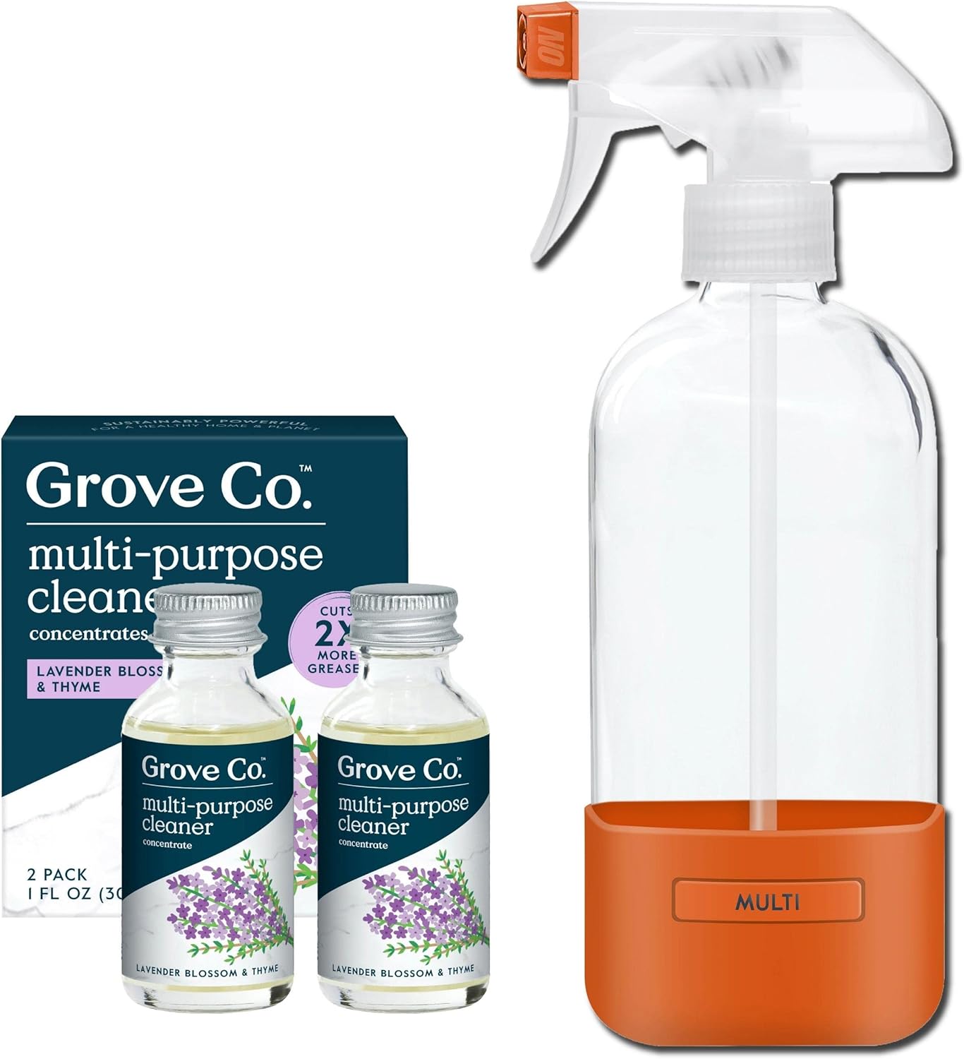 Grove Co. Multi-Purpose Cleaner, Refill Concentrate (2 x 1 Oz) + Glass Spray Bottle (16 Oz), Plant-based Household Cleaning Supplies Bundle, No Plastic Waste, Natural Lavender Blossom & Thyme Scent