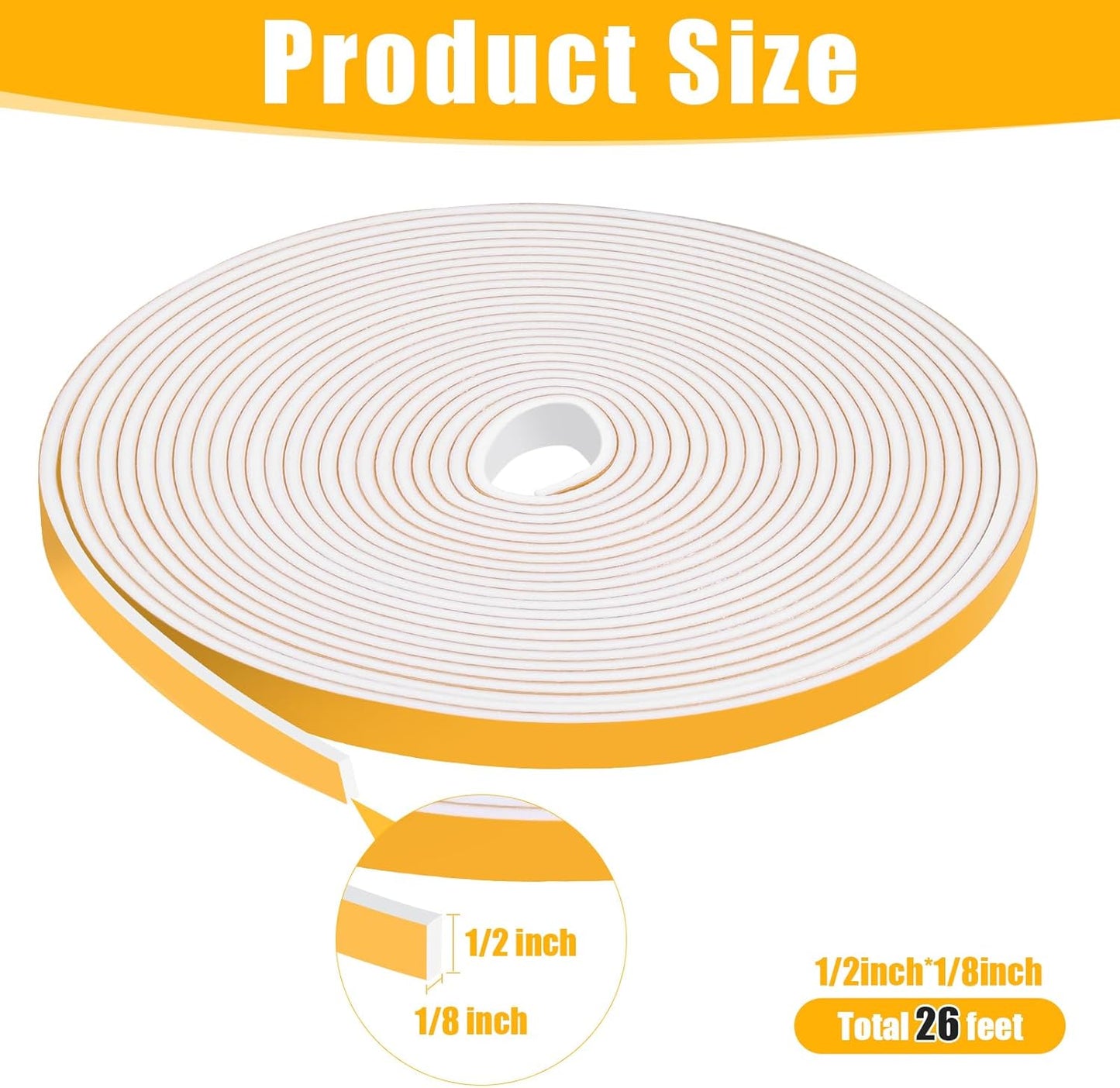 26Feet Weather Stripping Seal (1/2 Inch X 1/8 Inch) for Door Window, High Density Foam Tape, Soundproofing, Insulation Strip, Door Sealers for Door Frame- White