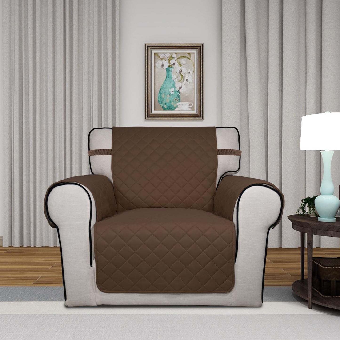 PureFit Reversible Quilted Sofa Cover, Water Resistant Slipcover Furniture Protector, Washable Couch Cover with Non Slip and Elastic Straps for Kids, Dogs, Pets (Chair, Coffee/Ivory)