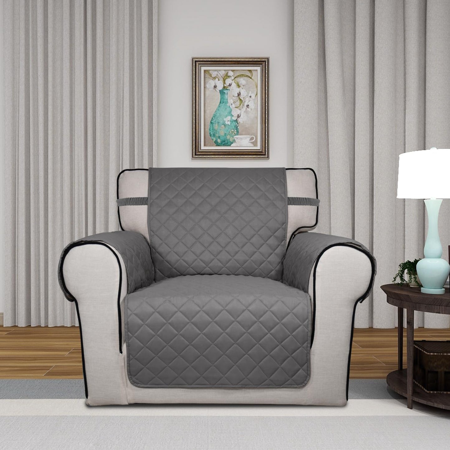 PureFit Reversible Quilted Sofa Cover, Water Resistant Slipcover Furniture Protector, Washable Couch Cover with Non Slip and Elastic Straps for Kids, Dogs, Pets (Chair, Gray/Ivory)