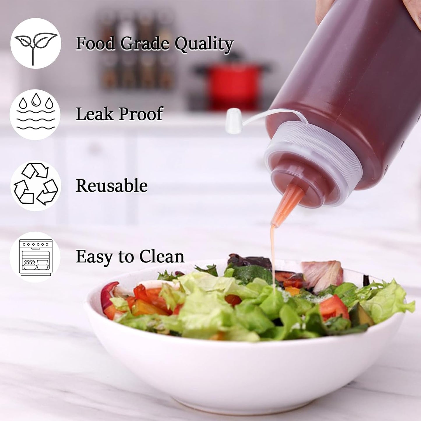 Condiment Squeeze Bottles Ketchup Dispenser, 6 Pack 32oz Squeeze Bottles for Liquids, Plastic Sauce Bottle with Cap Lid, Squirt Bottles for Sauces Liquids BBQ Dressing Pancake Art