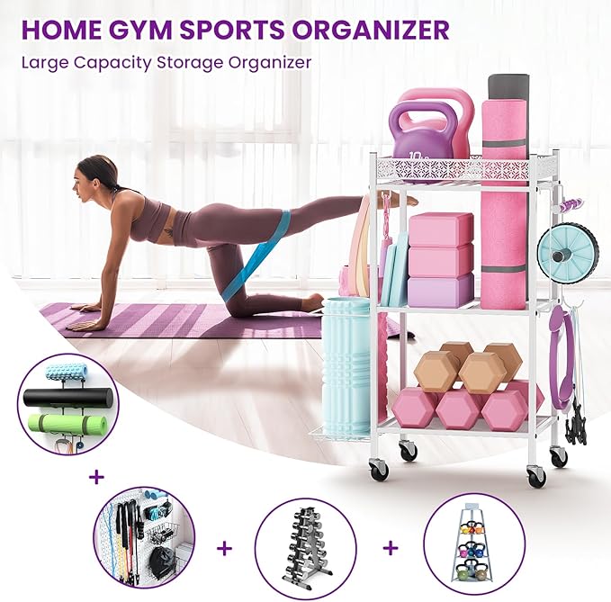 Yoga Mat Storage Rack, Home Gym Storage Rack, VOPEAK Workout Storage for Yoga Mat, Foam Roller, Equipment Gym Storage for Home Exercise and Fitness Gear (Metal)