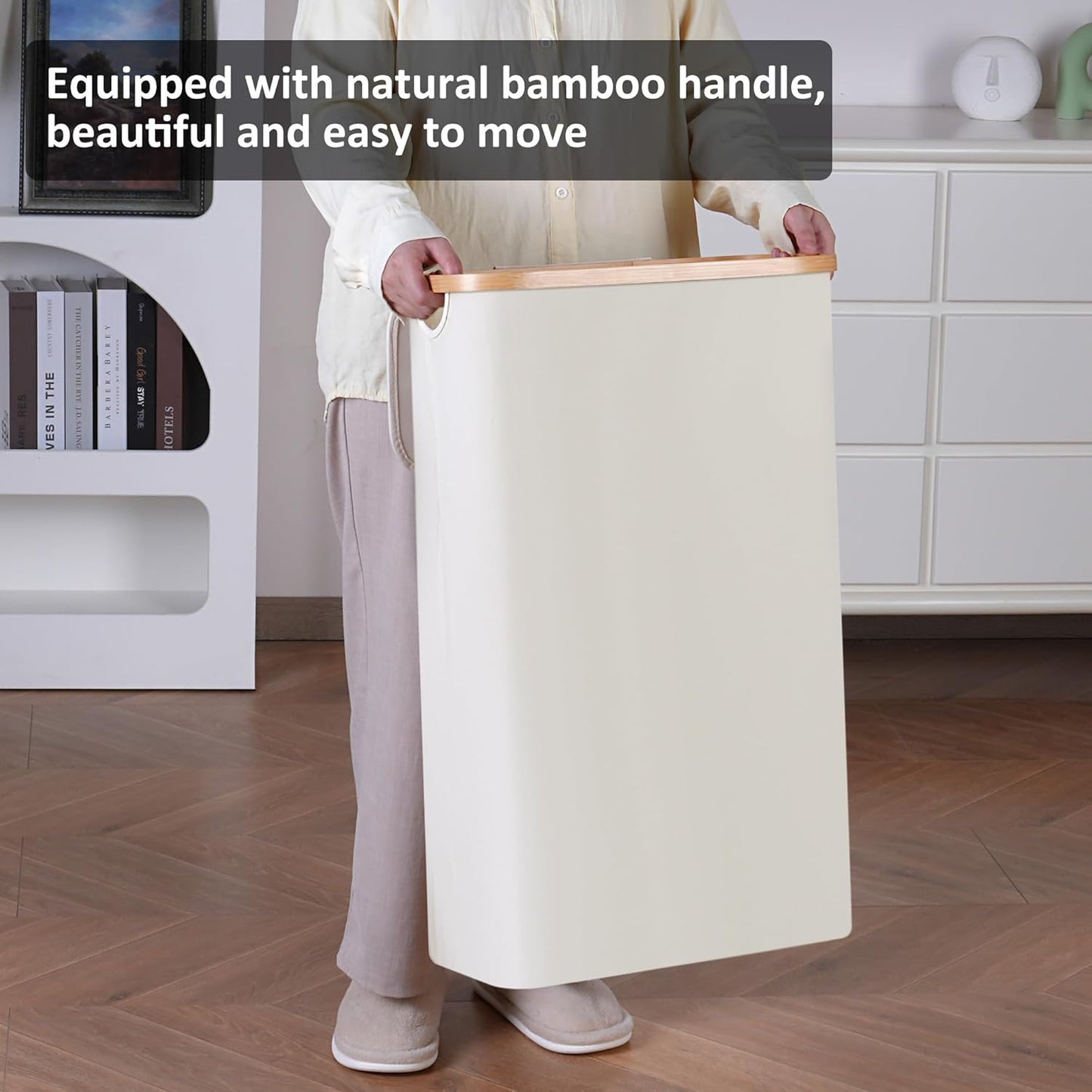 Slim Laundry Basket,Tall laundry Hamper with Lid,60L Hamper for Laundry,Dirty Cloth Hamper with Bamboo Handle for Toys,Towels, Clothes Organizing,Beige