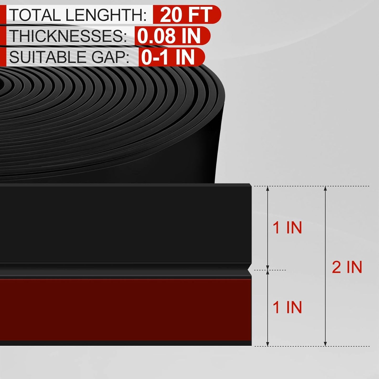 MYFAMIREA Door Weather Stripping 2IN (W) x 20FT (L) Door Draft Stopper Seal Tape Silicone Seal Strip Self Adhesive Shower Sweep Insulation Tape Side Bottom Strip for Sliding Glass Window Gap, Black