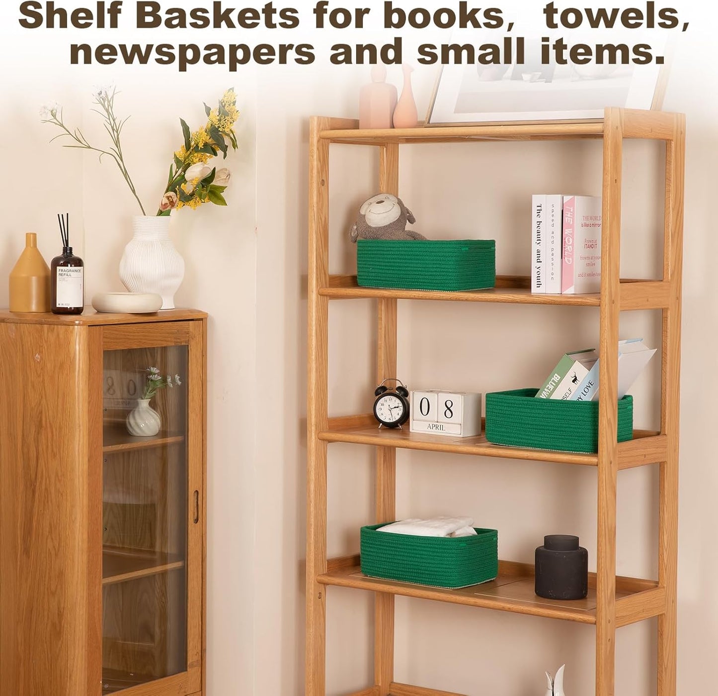 3 Pack Small Storage Baskets for Organizing, Cute Woven Decorative Gift Baskets for Shelves, Mini Closet Organizer Bins with Handles, 11.81''Lx7.87''Wx4.72''H-Green