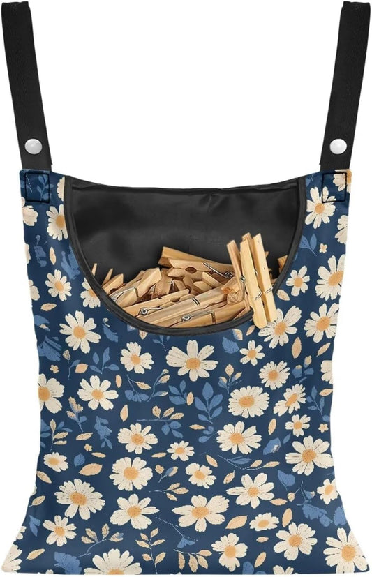 Clothes Pin Hanging Bag with Big Opening Storage Clothes Pins & Mini Clothespins, Hanging Laundry Bag Fits Retractable Clothes Line Outdoors - Daisy Print