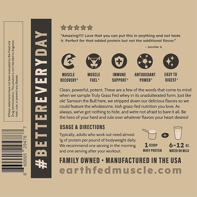 Earth Fed Muscle Truly Buff Truly Grass Fed Whey Protein Isolate - No Artificial Ingredients, Soy Free, Gluten Free, Non-GMO and Hormone Free (2 Pound, 30 Servings, Unflavored)