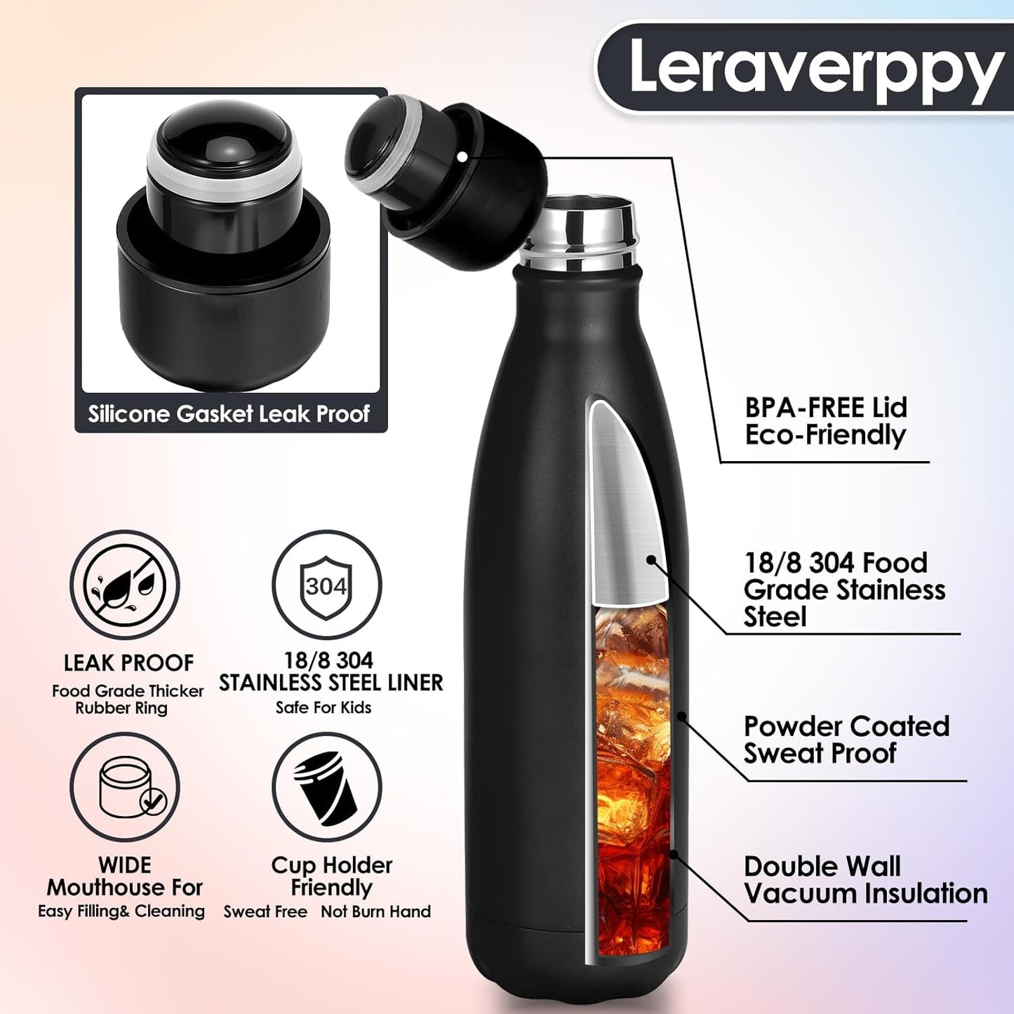 25oz Cola-Bottle Shaped Stainless Steel Leak-proof Water Bottle,Double Wall Vacuum Insulated Metal,Travel Mug For Sports Indoors & Outdoors,BPA-Free School Kids Flasks,Black(4 Pack）