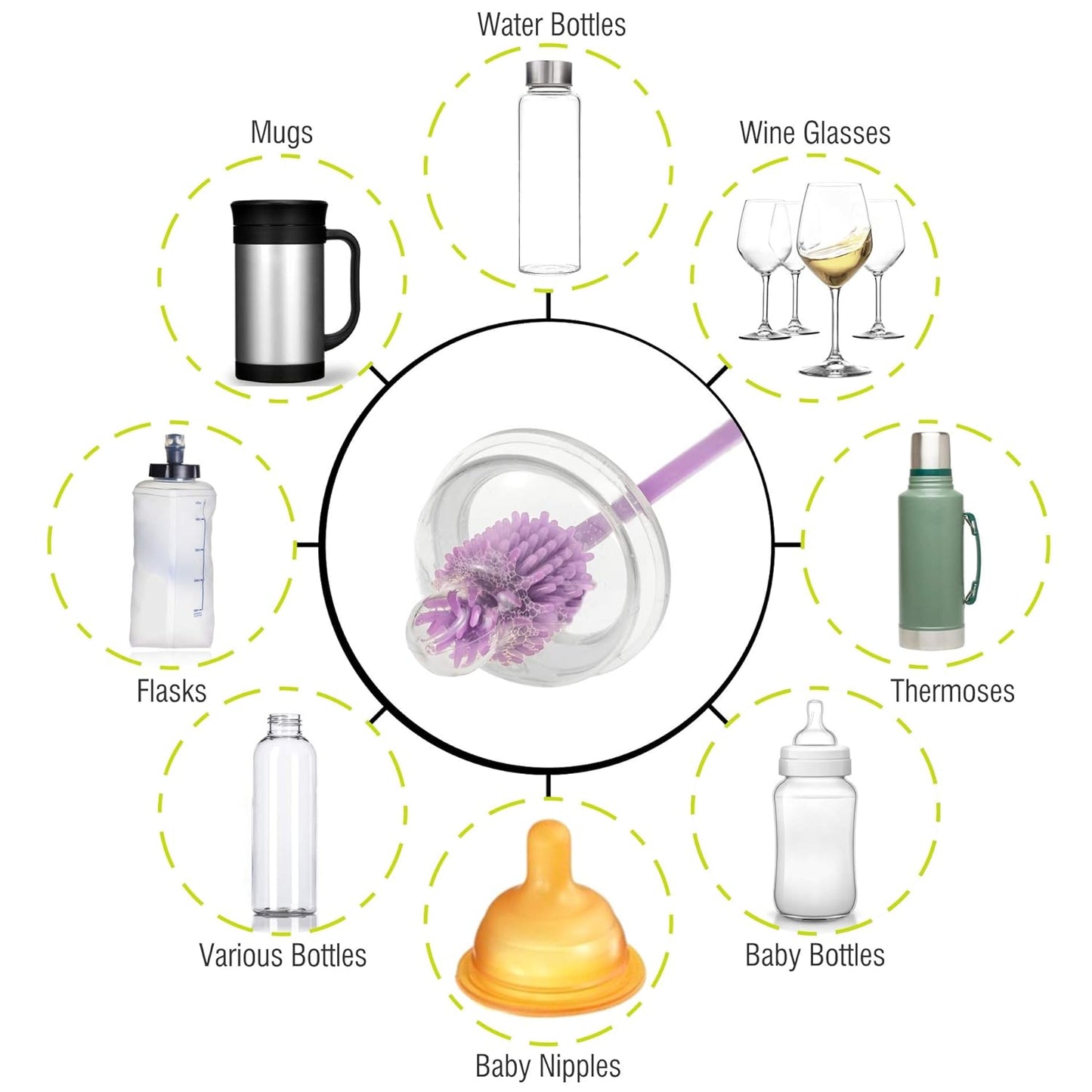 A-Brush Silicone Bottle Cleaner Brush, 3 Piece Set, Long Handle - Water Bottle Cleaner, Baby Bottle Nipple Brush for Plastic & Glass, BPA-Free Dish Washing Brush A2S Protection