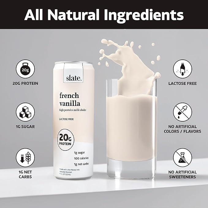 Slate Milk - High Protein Milk Shake - French Vanilla - Lactose Free, 20g Protein, 1g Sugar, 100 Calories, 1g Net Carbs, No Added Sugar - Natural, Breakfast Boost, Post Workout - 11 fl oz, 48 Cans