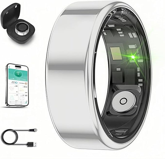 Smart Ring for Men Women with Black Charging Box, Bluetooth, Health Ring , IP68 Waterproof, Fitness Ring Tracks Heart Rate/Sleep/Steps/Sports Activities/Blood Oxygen,non-subscription app (Silver, 13)