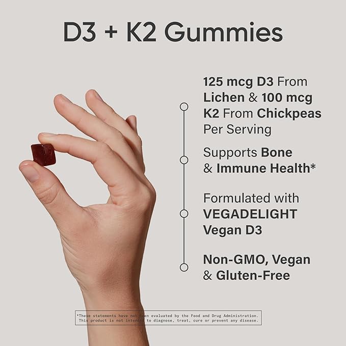 Sports Research® Vegan Vitamin D3 + K2 Gummy Supplements - 5000iu Vitamin D with 100mcg Mk7 Vitamin K - Supports Calcium for Stronger Bones & Immune Health - 60 Gummies for Adults, 1 Month Supply